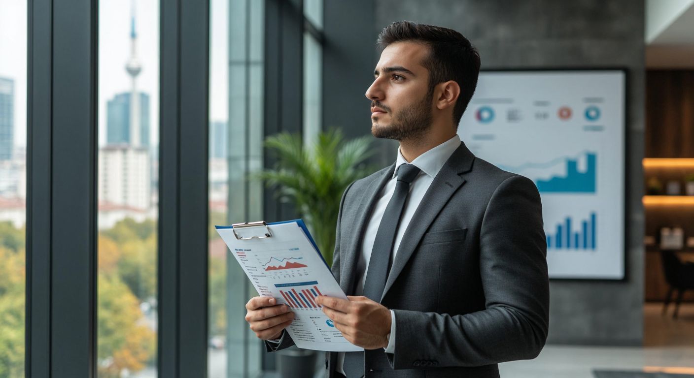 A Turkish businessman in a sleek suit stands thoughtfully in a modern Istanbul office, holding a financial report while gazing at a graph showing rising trends, symbolizing investment potential and calculated risk.