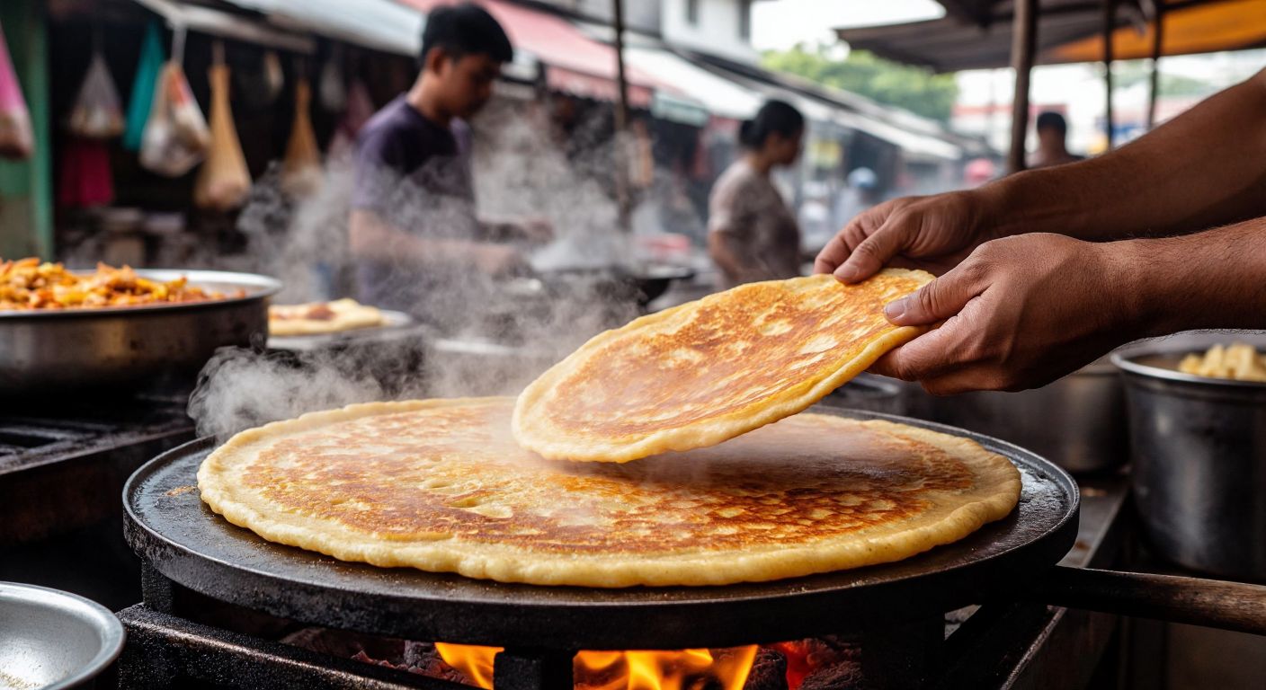 A warm, golden-brown roti flatbread being freshly prepared on a griddle in a bustling Southeast Asian street market, with steam rising and a vendor's hands skillfully stretching the dough.