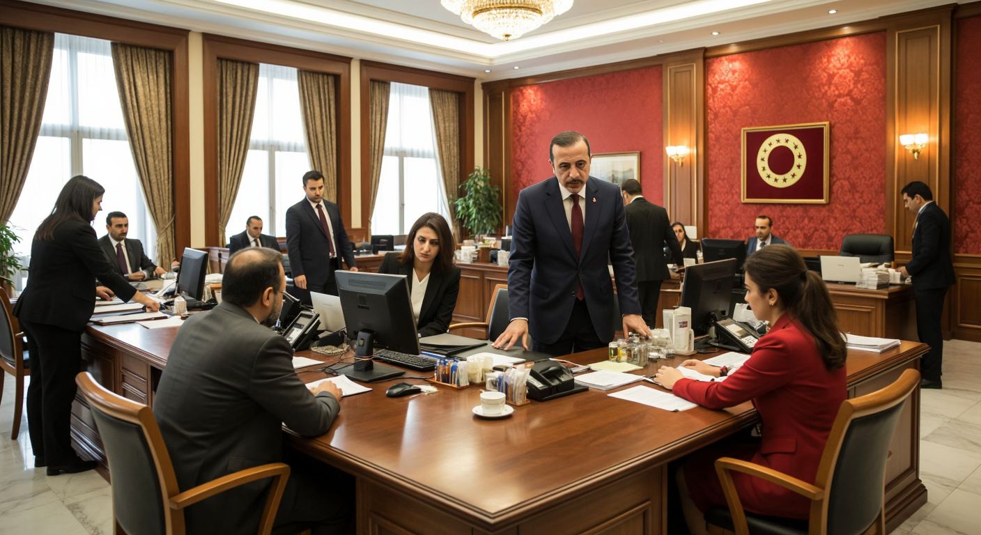 A busy Turkish government office with officials in formal attire assisting citizens at different counters, each representing trade, education, and finance sectors, conveying a sense of bureaucratic efficiency and order.