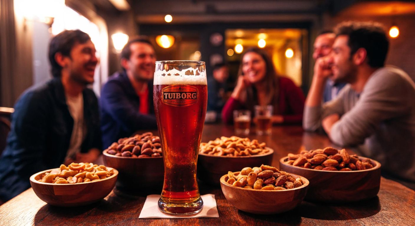 A frosty glass of deep amber Tuborg Kırmızı beer sits on a wooden table in a dimly lit Istanbul tavern, surrounded by bowls of roasted nuts and salty snacks, with a group of friends laughing in the background.