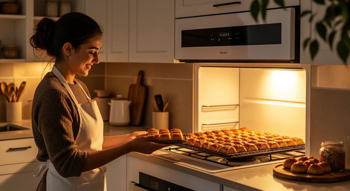 A modern white built-in oven sits in a Turkish kitchen, surrounded by warm golden light as a freshly baked tray of baklava rests inside, while a smiling woman in an apron checks its progress.