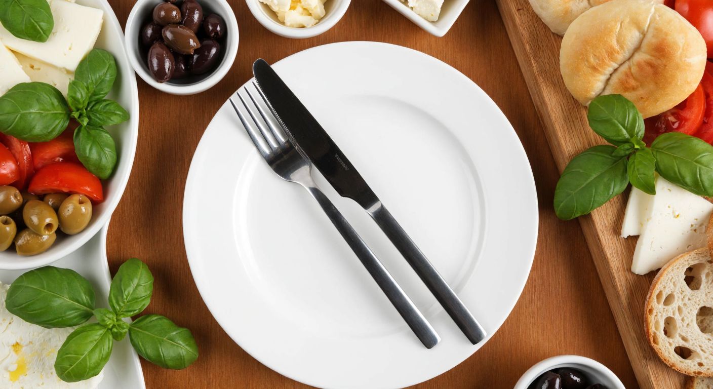 A small, lightweight breakfast knife placed neatly on the right side of a white plate, with a fork on the left, against a backdrop of a traditional Turkish breakfast spread featuring olives, cheese, and fresh bread.
