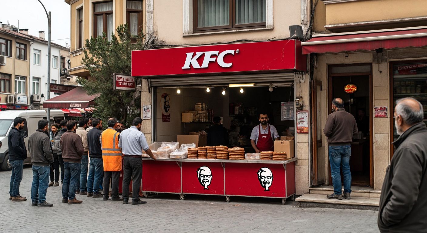 A bustling Turkish street scene with an empty KFC storefront, a faded sign being removed by workers, and a curious crowd watching while vendors nearby sell simit and çay.