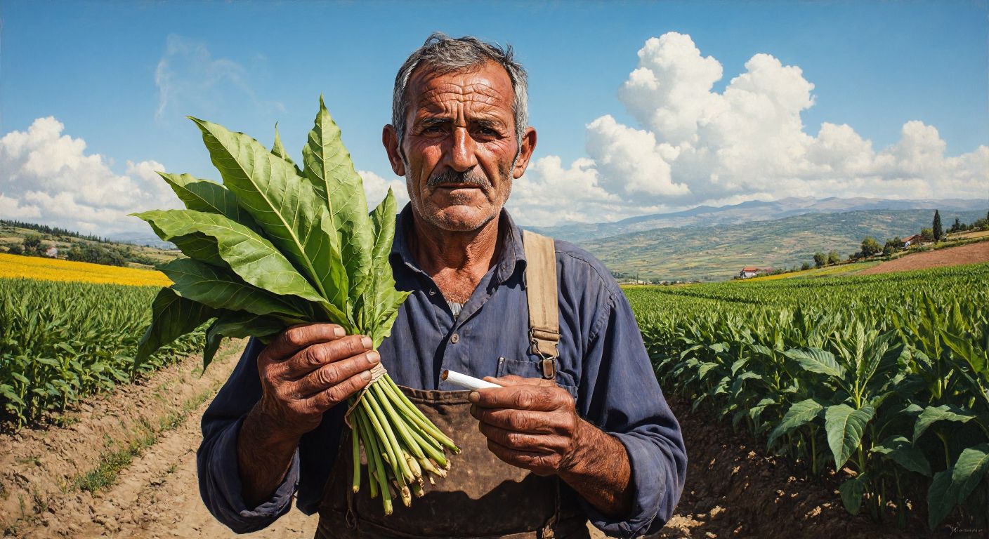 A weathered Turkish farmer holds a bundle of fresh tobacco leaves in one hand and a neatly rolled cigarette in the other, standing in a sunlit field with contrasting expressions of pride and concern.
