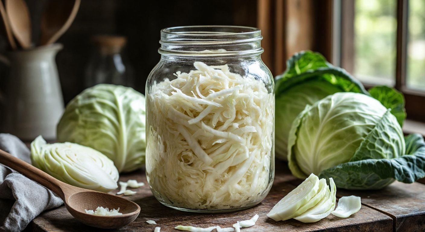 A glass jar filled with finely shredded white cabbage fermenting into sauerkraut, surrounded by fresh cabbage leaves and a wooden spoon on a rustic kitchen counter in soft daylight.