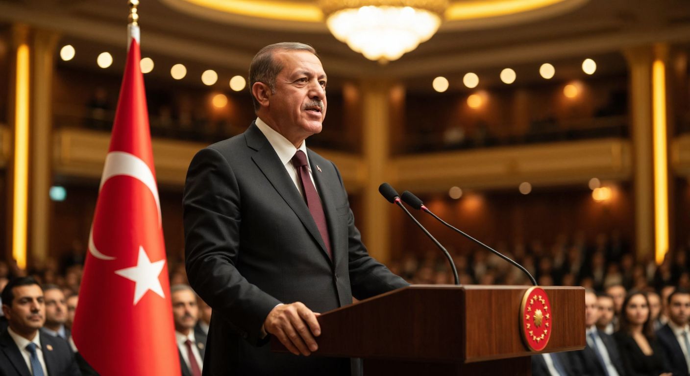 A middle-aged Turkish man in a formal suit stands confidently at a podium in front of a Turkish flag, addressing an attentive crowd in a grand hall with warm lighting.