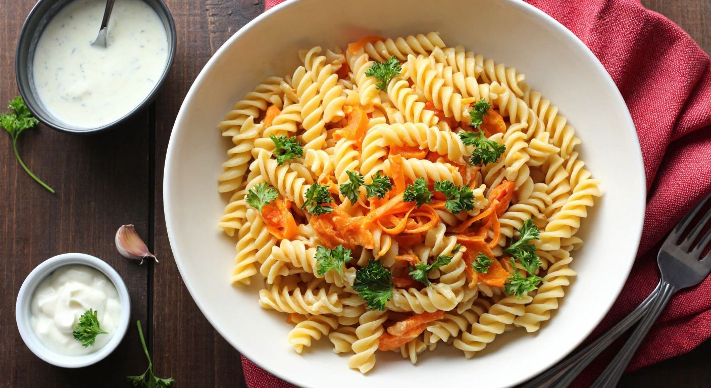 A steaming plate of spiral pasta topped with a creamy mustard sauce, garnished with fresh parsley and grated carrots, set on a rustic wooden table with a bowl of garlic yogurt and a small jar of mustard nearby.