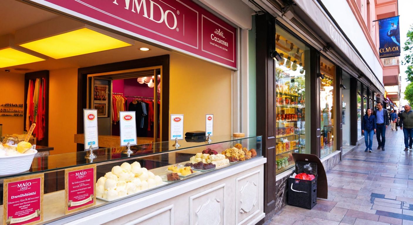 A vibrant Turkish ice cream parlor with Mado's signature marbled dondurma on display beside a bustling Colin's clothing store showcasing colorful apparel.