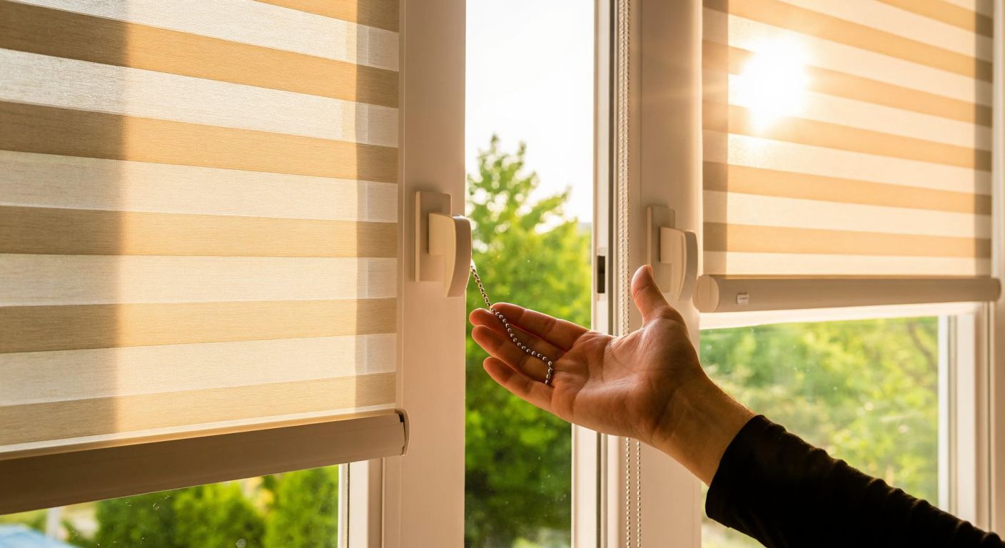 A hand reaching toward two distinct pull chains of a double-mechanism roller blind, one on the left and one on the right, with sunlight streaming through a window in a Turkish home.