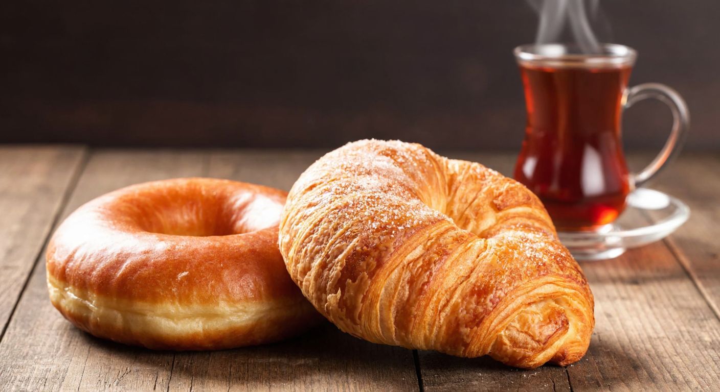 A golden, flaky croissant sits beside a glossy, sugar-dusted donut on a rustic wooden table, with steam rising from a cup of Turkish tea in the background.