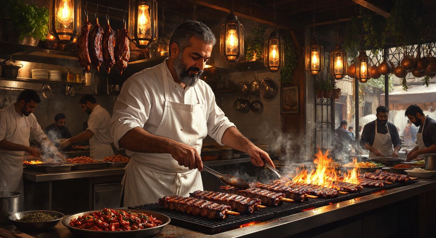 A bustling Turkish grill restaurant with a bearded, middle-aged man in a white apron proudly flipping sizzling ribs over glowing charcoal flames, surrounded by the warm glow of hanging lanterns and the aroma of spices.