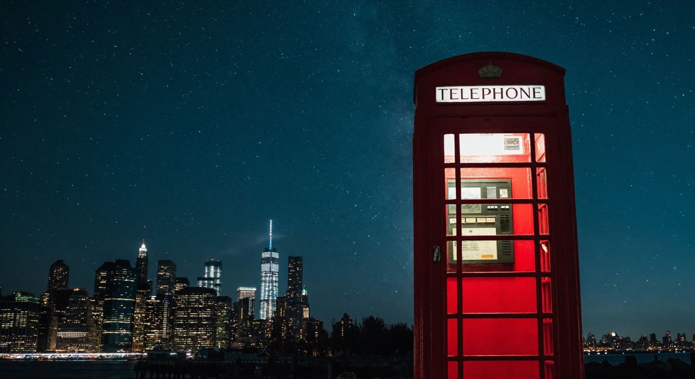 A glowing red telephone booth under a starry night sky, with the silhouette of New York City's skyline in the background.