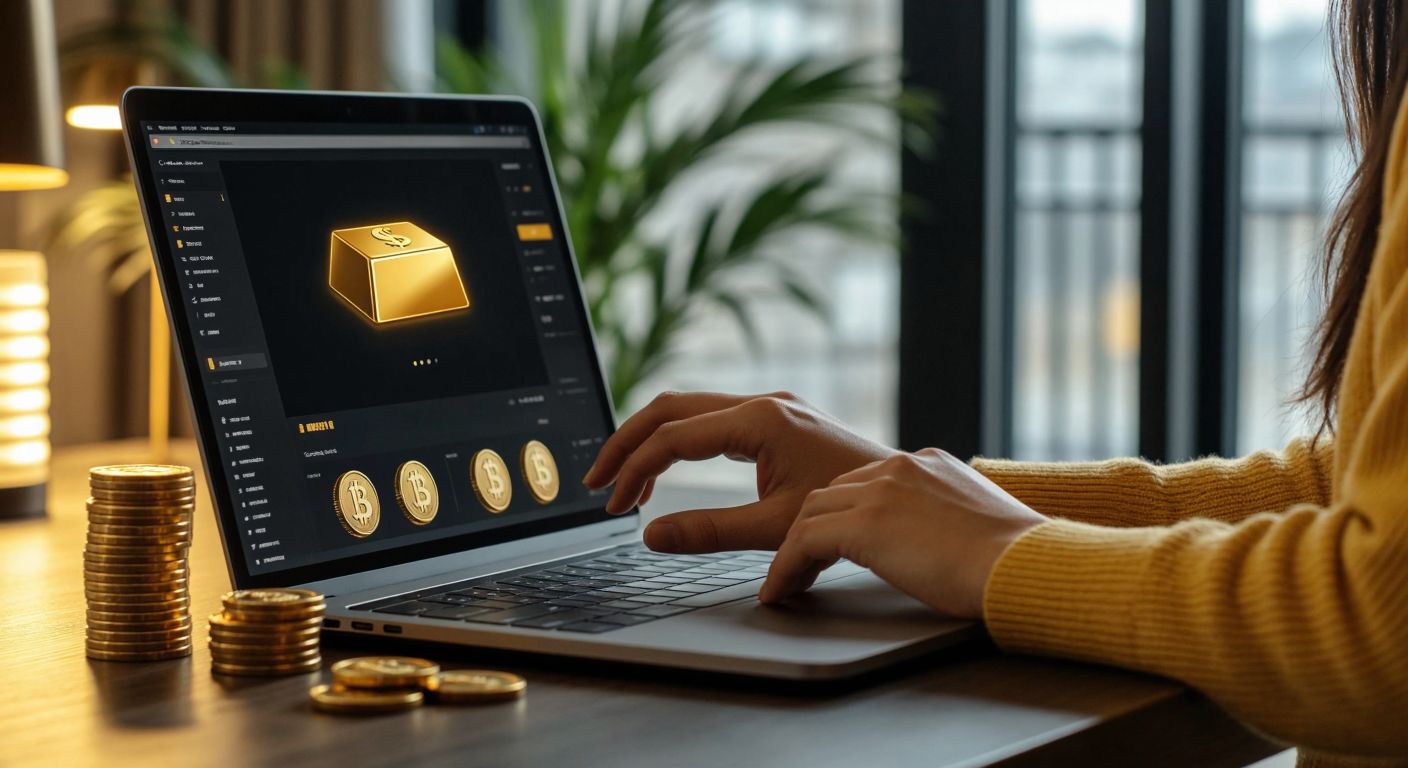 A Turkish person in a modern home office setting confidently clicks on a laptop screen displaying a gold bar icon, while a small stack of gleaming gold coins and a digital banking app interface glow softly beside them.