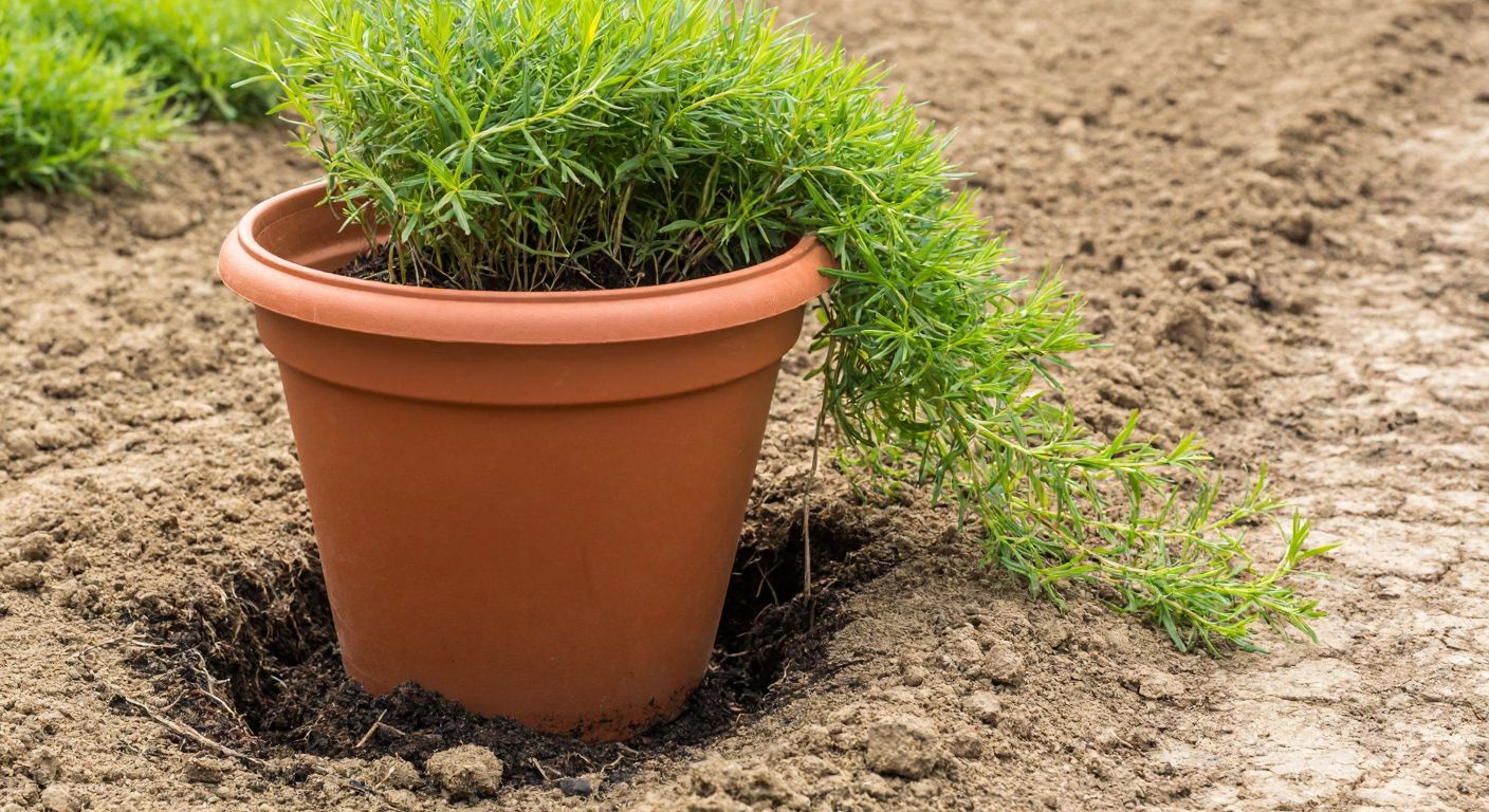 A terracotta pot with visible roots emerging from the drainage hole, surrounded by dry, cracked soil, and a lush green plant leaning slightly to one side, indicating the need for repotting.