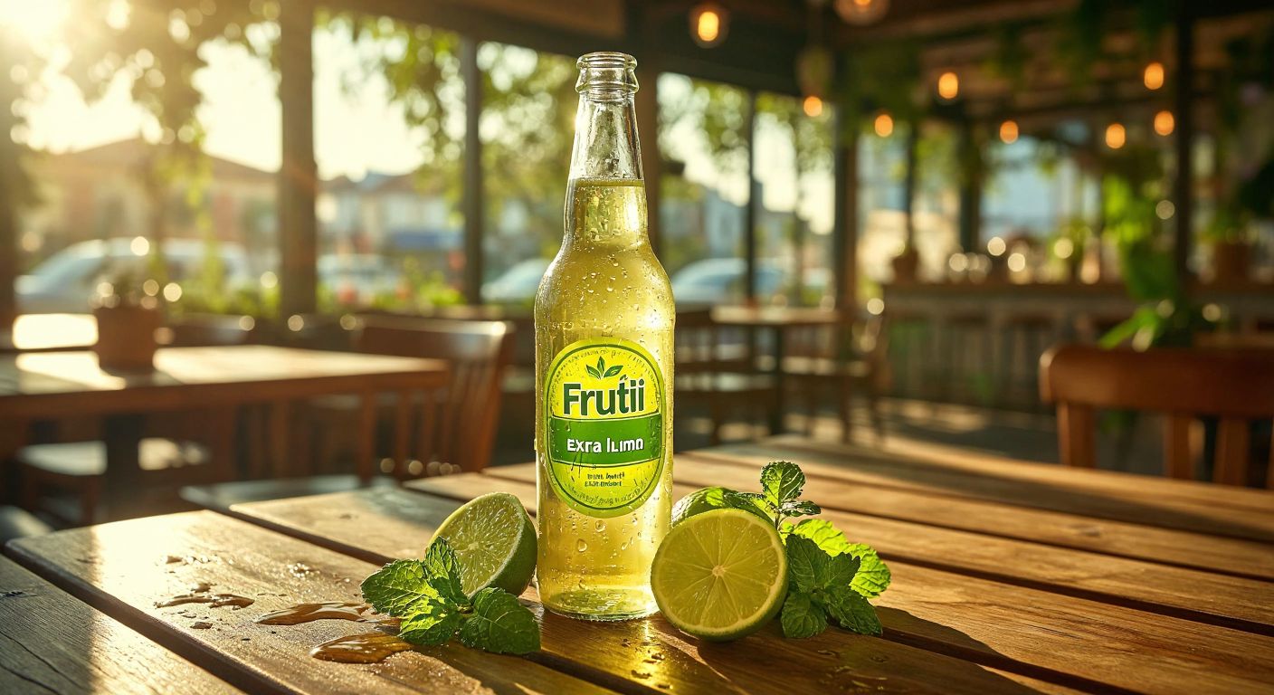 A chilled glass bottle of **Frutti Extra Yeşil Limon** sits on a sunlit wooden table in a Turkish café, condensation dripping down its green-labeled surface, with fresh lime slices and mint leaves scattered beside it, evoking a refreshing, citrusy aroma.