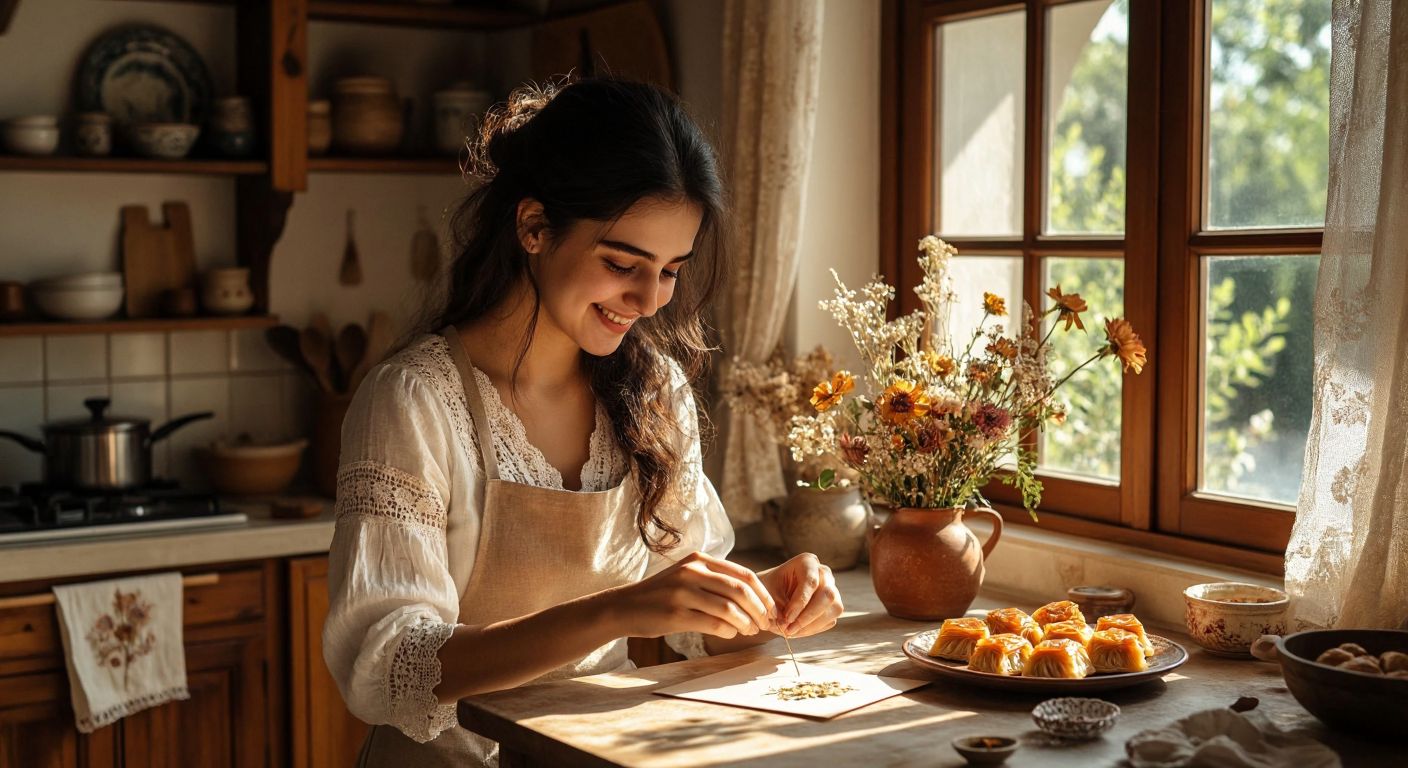 A warm, sunlit Turkish kitchen with a smiling woman carefully crafting a handmade card adorned with dried flowers and delicate lace, while a small plate of baklava sits nearby.