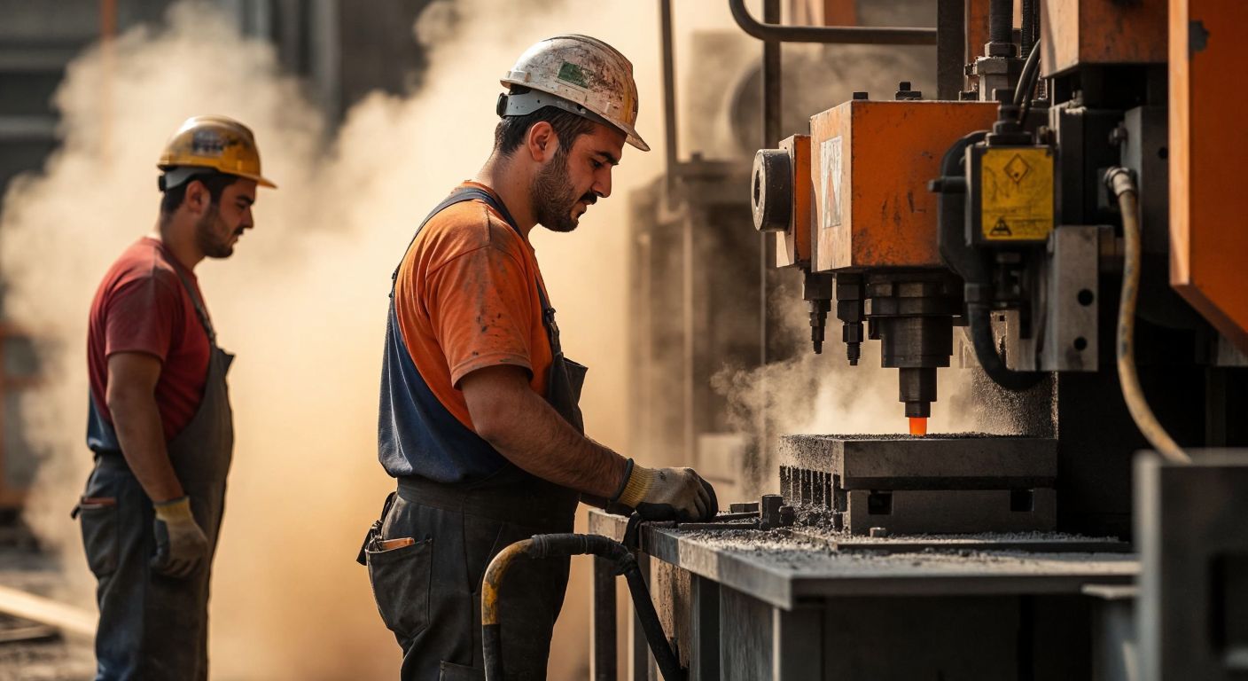 A Turkish construction worker without a helmet operates a machine with its safety guard removed, while another worker nearby looks distracted, all set against a dusty industrial backdrop.