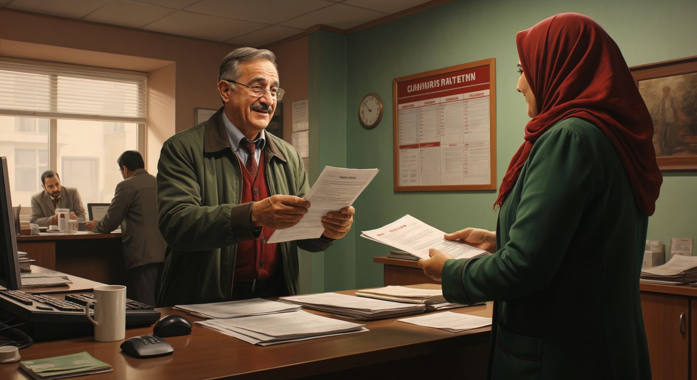 A middle-aged person in a Turkish government office, handing a retirement application to a clerk behind a counter, with a hopeful expression and a calendar on the wall subtly marking the passage of time.