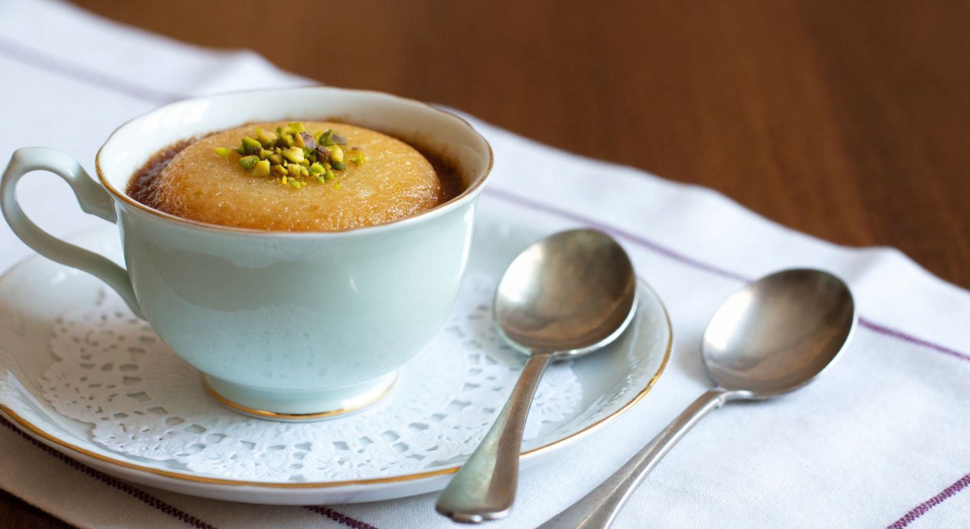 A delicate porcelain cup filled with golden-brown Turkish fincan tatlısı, garnished with crushed pistachios, resting on a lace doily beside a small silver spoon.