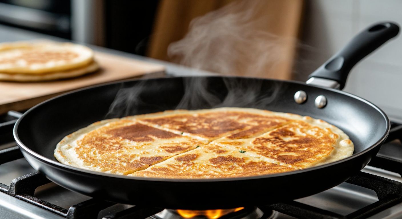 A gleaming black frying pan with a smooth, non-stick surface sits on a stovetop, its ergonomic handle slightly tilted, while steam rises from a golden-brown gözleme sizzling inside, evoking warmth and durability.