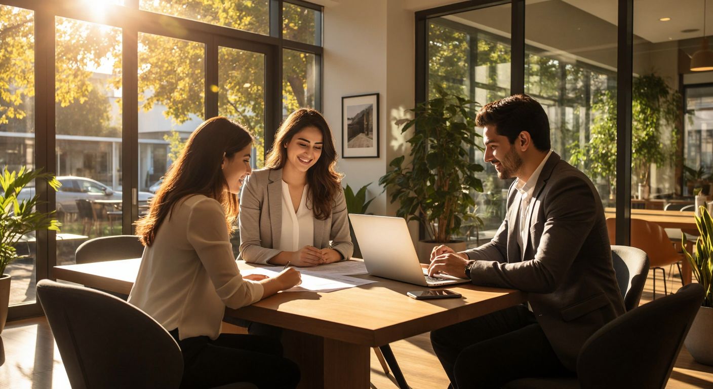 A young Turkish couple in business casual attire sits at a wooden table in a modern bank branch, reviewing documents with a friendly banker, while sunlight streams through large windows onto a laptop displaying a home loan calculator.