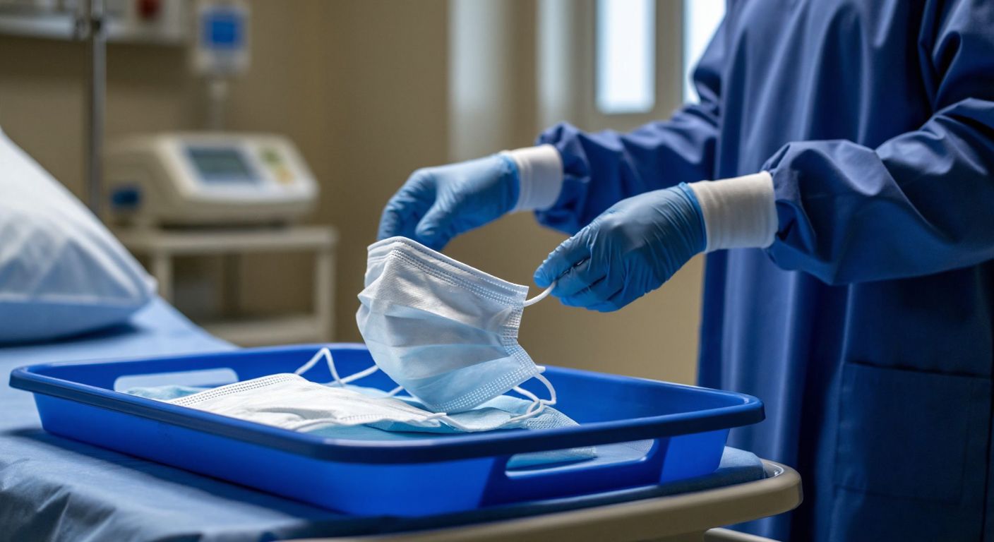 A white single-use thermoplastic mask resting on a sterile blue medical tray in a well-lit hospital room, with a Turkish healthcare worker in scrubs and gloves carefully disposing of another used mask into a biohazard bin.
