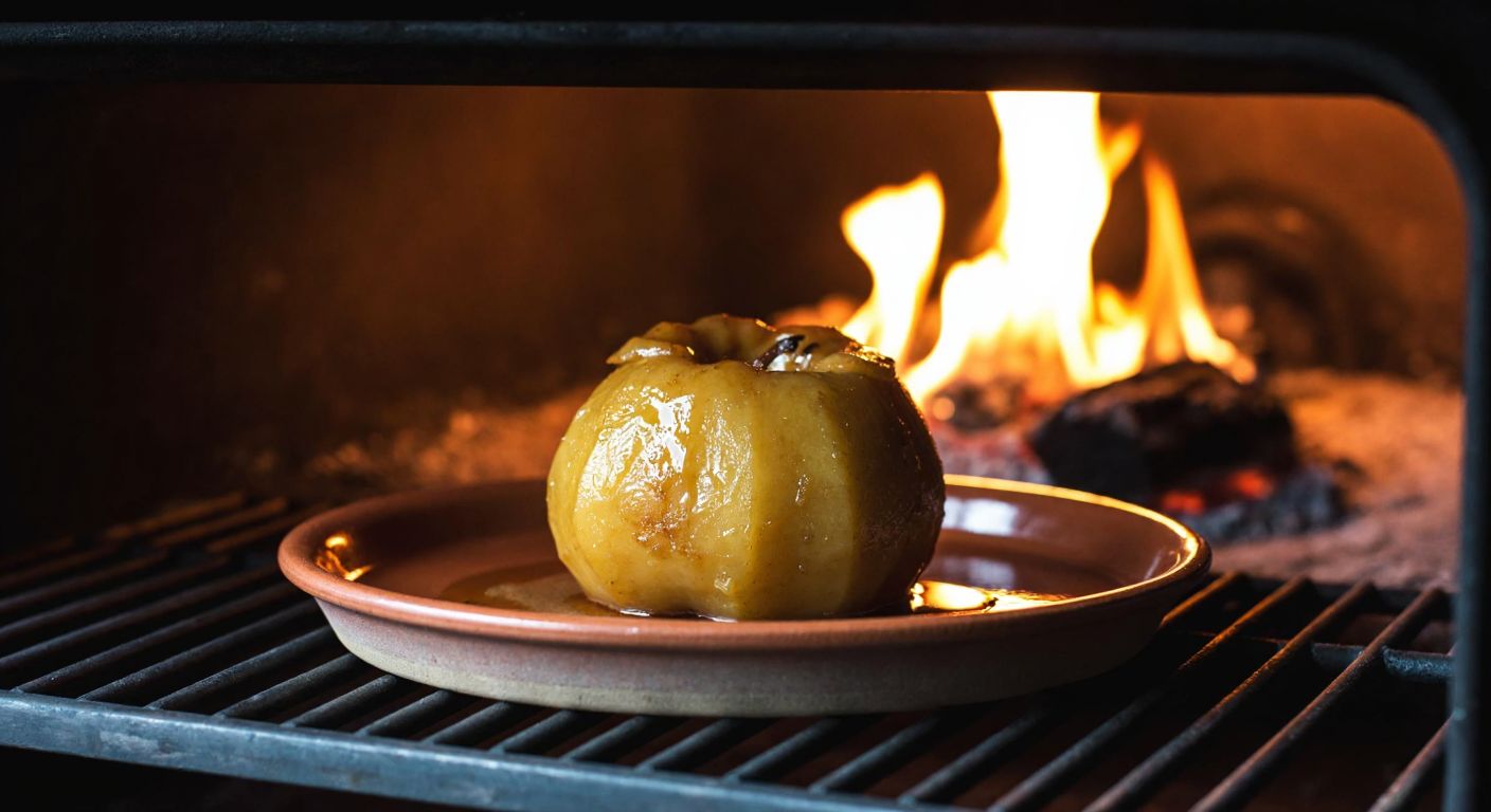 A golden-brown quince, glistening with syrup, sits on a rustic ceramic plate inside a warm, glowing oven, surrounded by flickering heat waves.