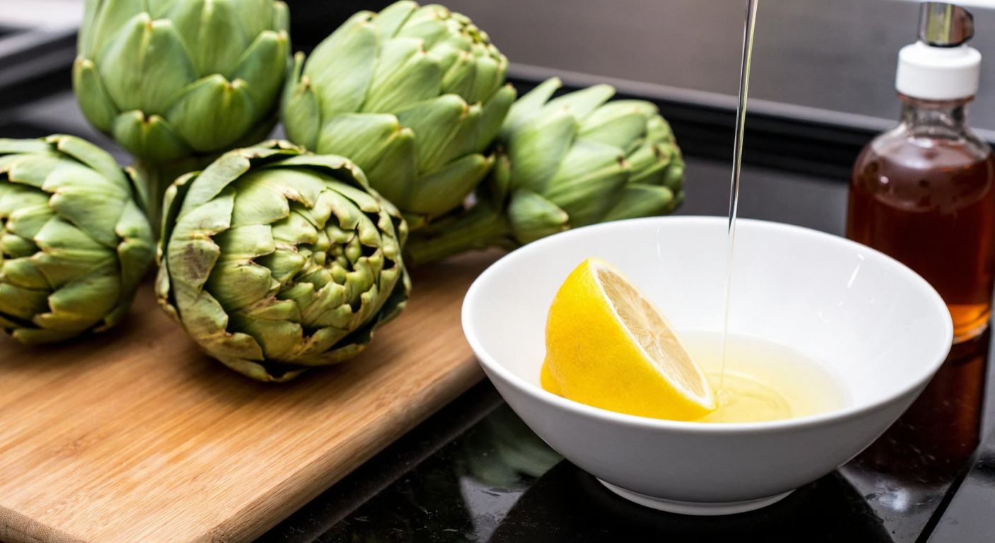 A Turkish kitchen counter with fresh artichokes, a halved lemon dripping juice into a bowl of water, and a bottle of vinegar nearby, evoking freshness and culinary care.