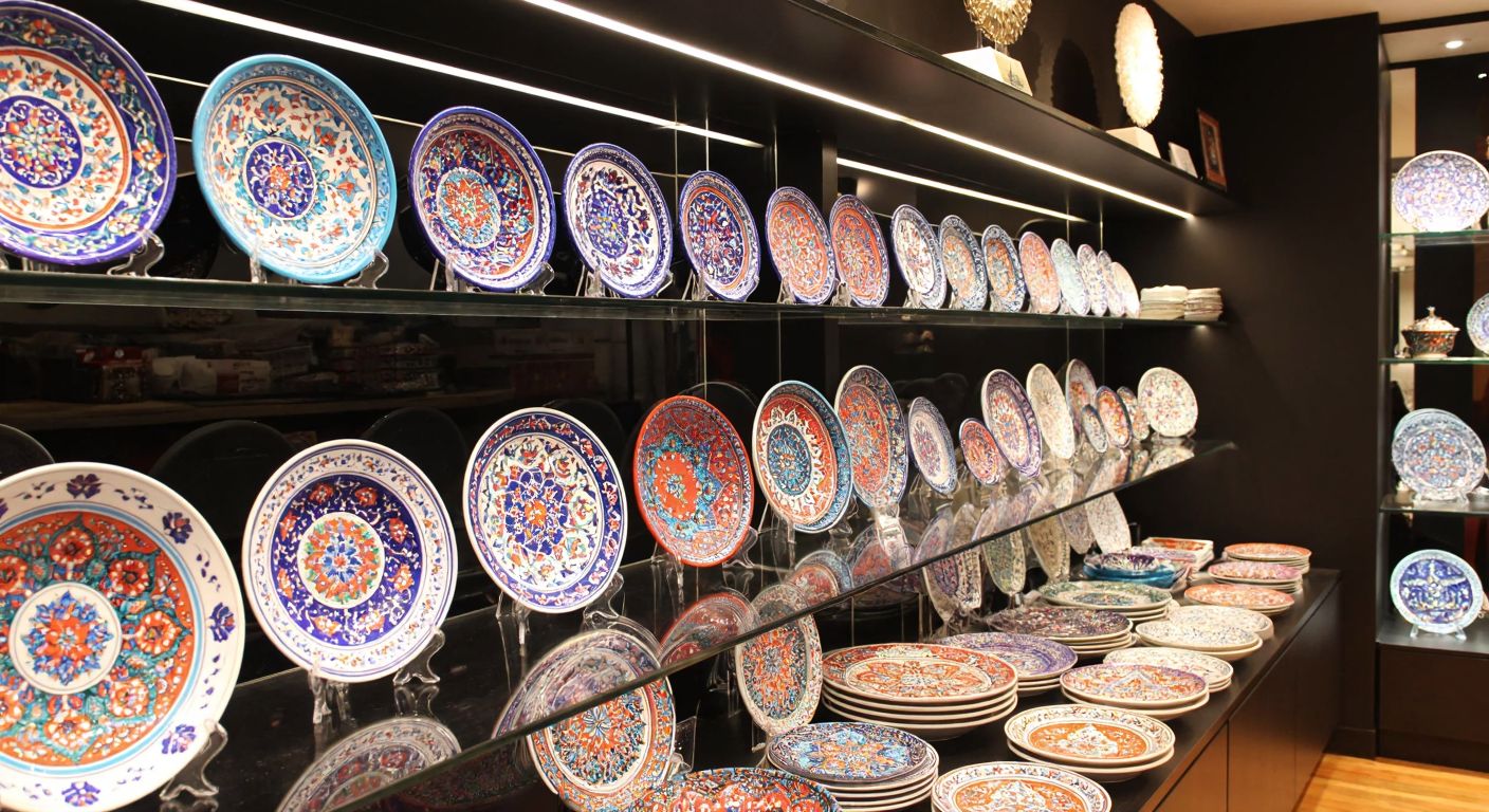A well-lit Turkish ceramic shop displays colorful hand-painted plates on sleek, transparent acrylic stands, arranged neatly to catch the light and highlight their intricate patterns.