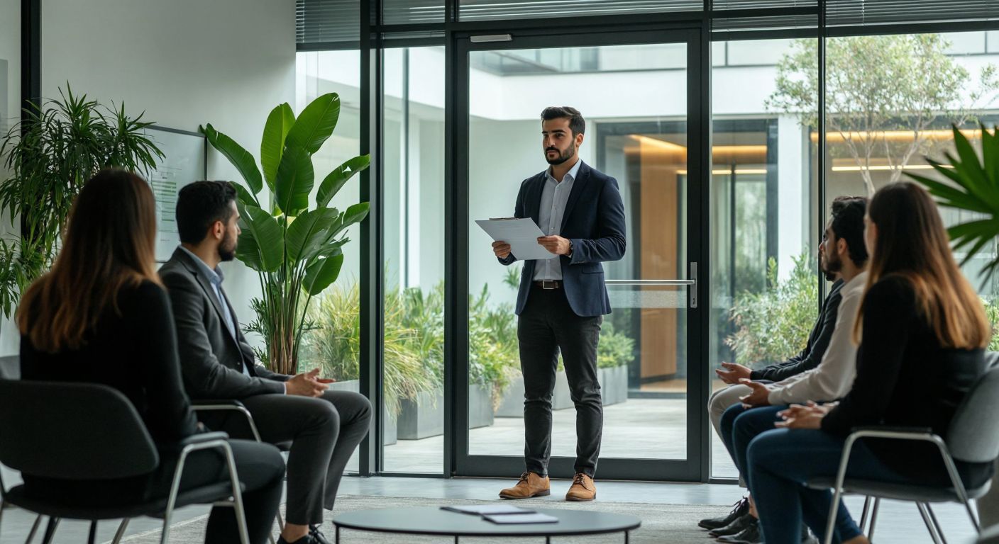 A confident Turkish HR manager in a modern office reviews resumes while a diverse group of applicants waits attentively outside the glass door.