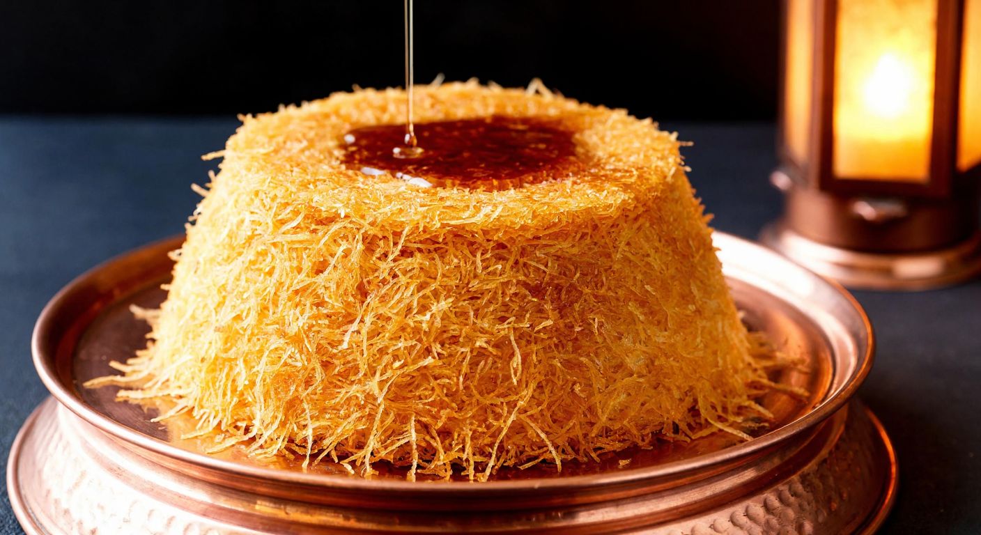 A golden-brown, crispy pile of shredded pastry (kadayıf) drizzled with syrup, resting on a traditional Turkish copper tray, with a warm, inviting glow from a nearby lantern.