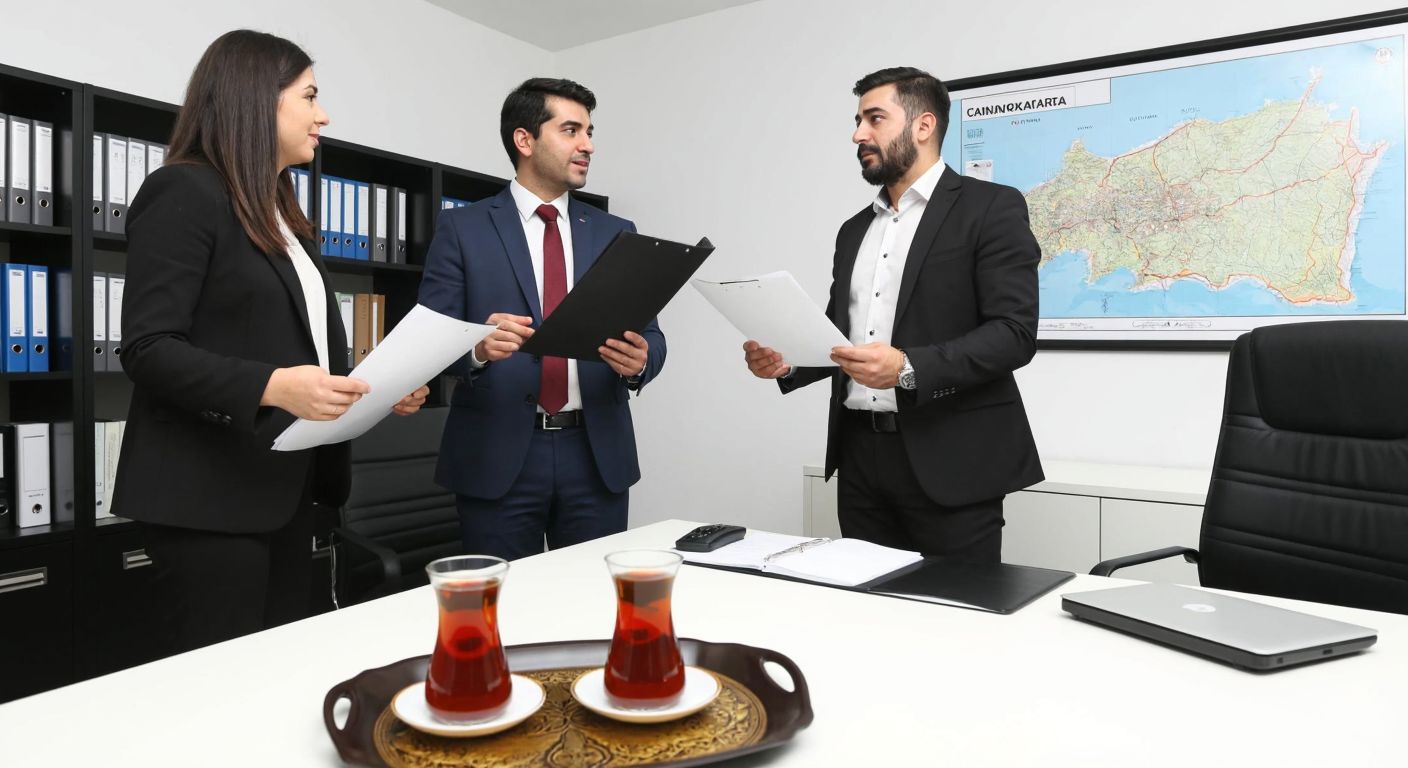 A modern office in Biga with Turkish businesspeople in formal attire discussing trade documents, surrounded by shelves of files, a map of Çanakkale, and a tray of traditional Turkish tea.