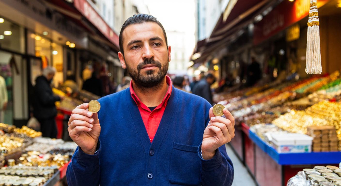 A Turkish trader in a bustling Istanbul bazaar holds a single gold coin in one hand and a stack of coins in the other, with a thoughtful expression comparing their value.