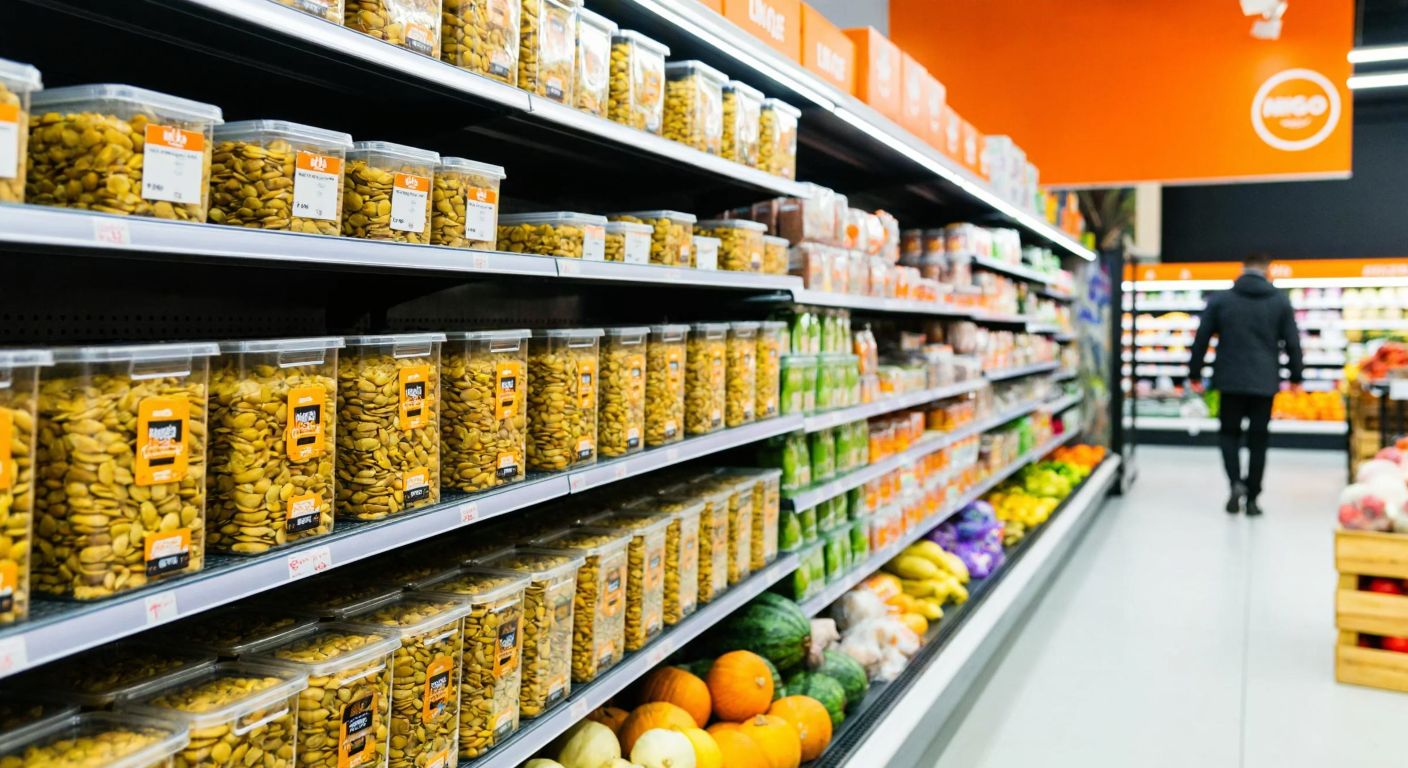 A bright, bustling Migros supermarket aisle with neatly stacked shelves showcasing golden roasted pumpkin seeds in clear 200g packages, surrounded by fresh Turkish produce.