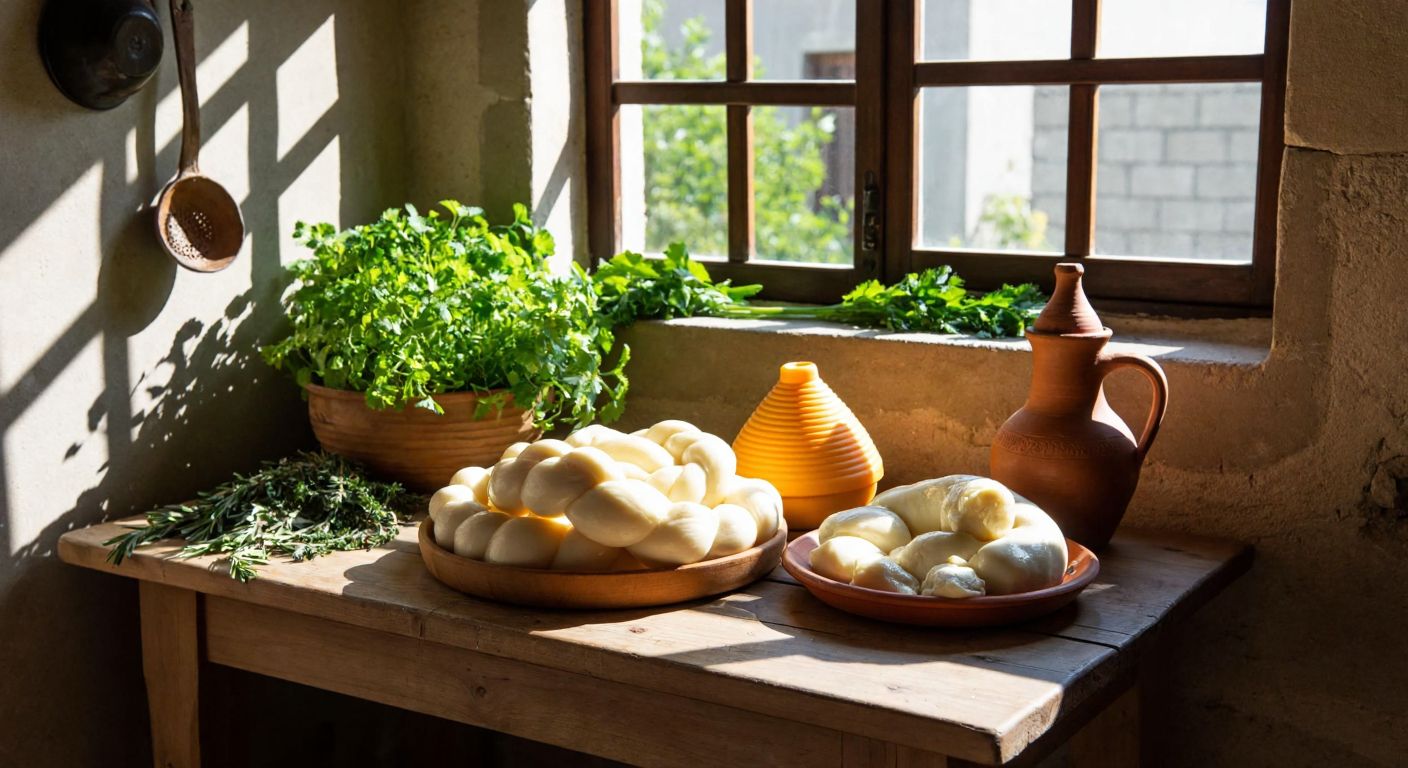 A rustic wooden table in a sunlit Diyarbakır kitchen displays two distinct cheeses—one braided golden-brown *örgü peyniri* and a conical orange *toprak peyniri* beside fresh herbs and a clay jug.