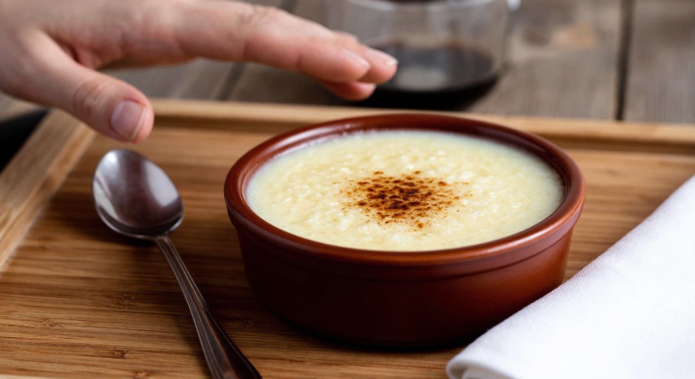 A warm ceramic bowl of creamy Turkish rice pudding (*sütlaç*) sits on a wooden table, with a spoon resting beside it, while a hand hesitates above it, reflecting the dilemma of indulgence versus health.