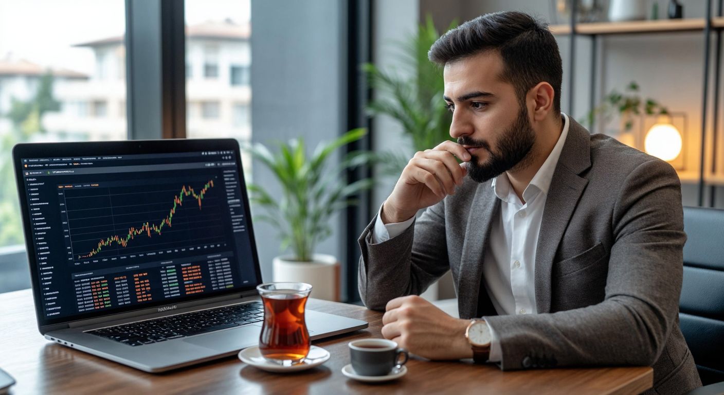 A Turkish investor in a modern office, thoughtfully browsing cryptocurrency charts on a sleek laptop while holding a cup of traditional Turkish tea, with a second screen displaying investment fund data.