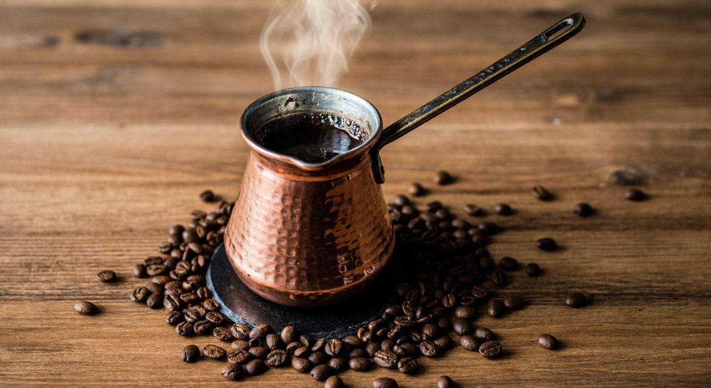 A rustic Turkish copper cezve sits on a low flame, filled with finely ground dark coffee and water, releasing aromatic steam, surrounded by scattered double-roasted coffee beans on a wooden table.