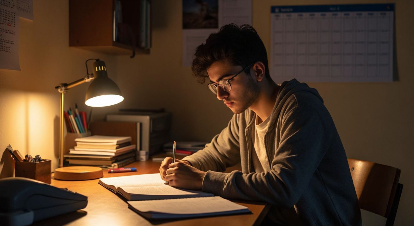 A focused Turkish student sits at a wooden desk with a physics textbook and notes, bathed in warm lamplight, while a calendar with marked study days hangs on the wall behind them.