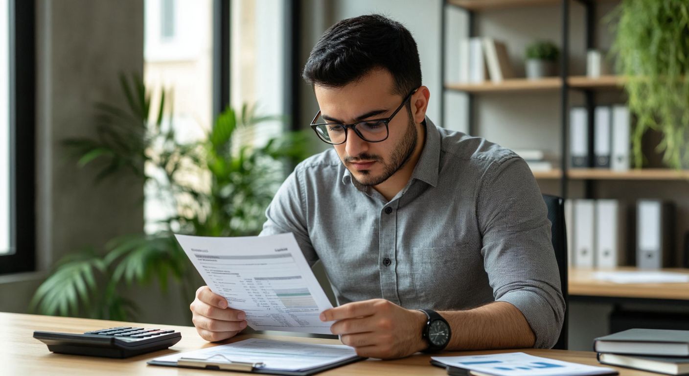 A focused Turkish accountant in a modern office, wearing glasses and a button-up shirt, carefully reviewing a printed rental income statement while a calculator and a neatly organized ledger sit on the wooden desk beside them.