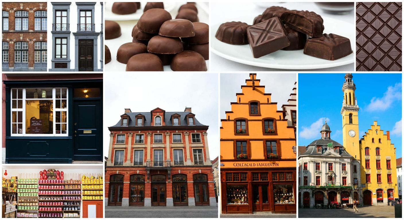 A vibrant collage of chocolate shops in Belgium, Switzerland, France, Mexico, and Turkey, each with distinct architectural styles and colorful displays of artisanal chocolates, evoking warmth and indulgence.