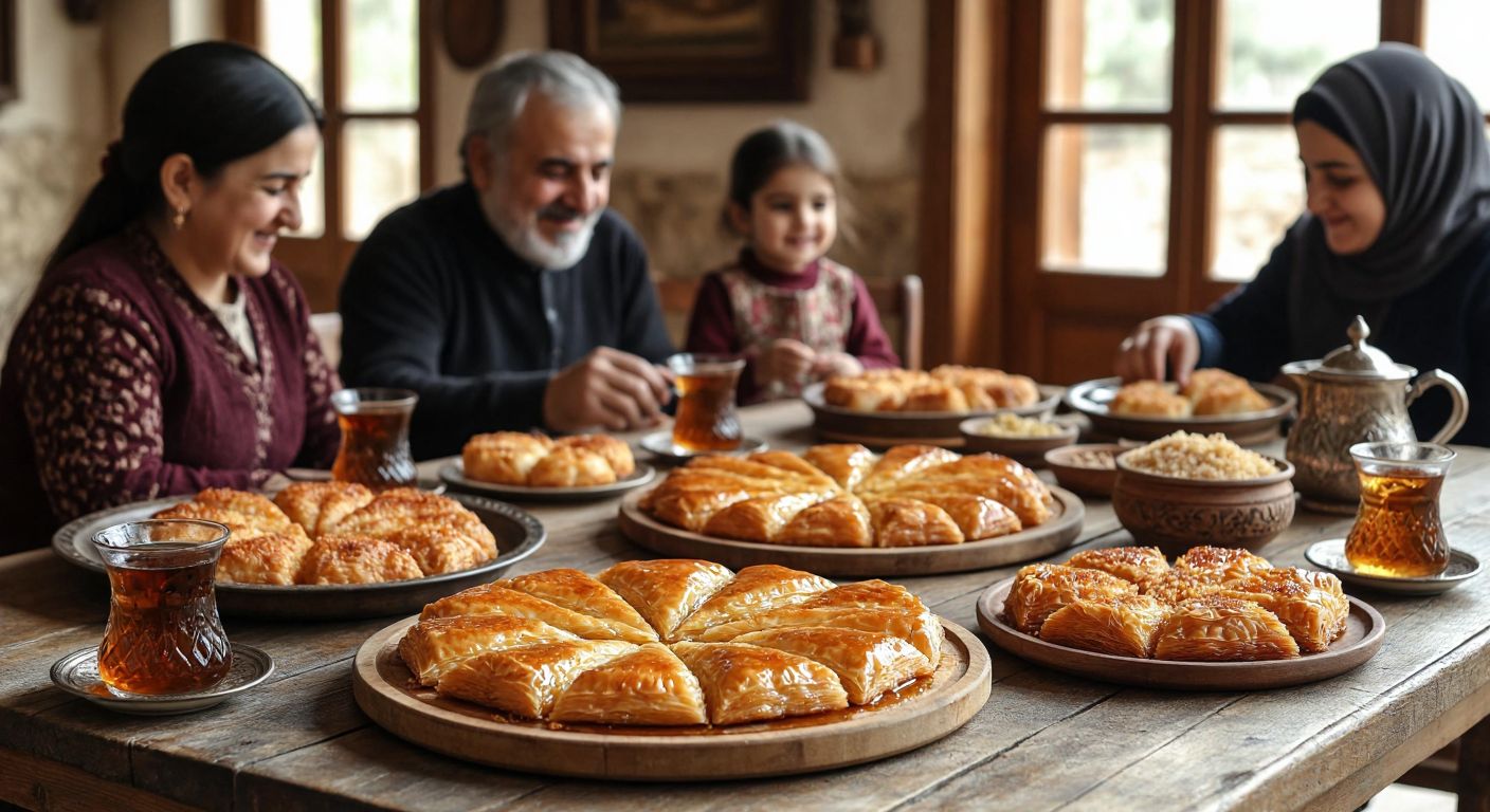 A rustic wooden table in a cozy Elazığ home is laden with golden-brown taş ekmeği tatlısı, creamy sütlaç, flaky baklava, syrup-drenched kadayıf, and warm ekmek tatlısı, surrounded by traditional Turkish tea glasses and smiling faces of a family preparing to share the feast.