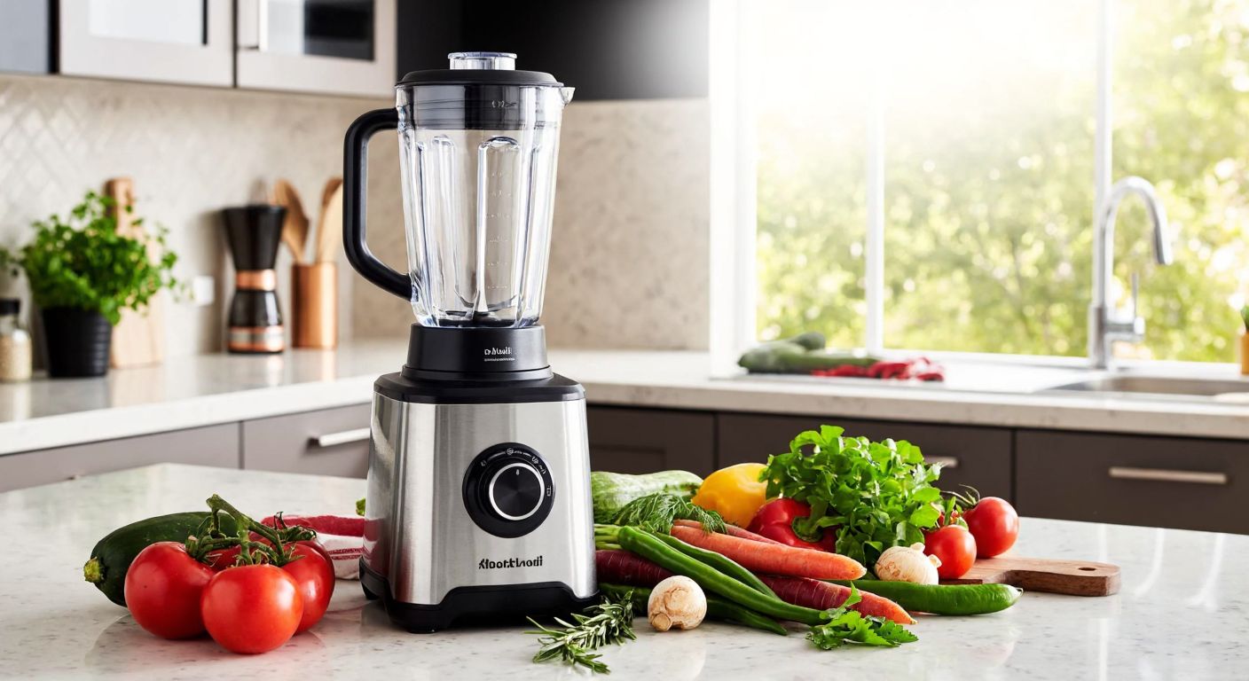 A sleek silver kitchen blender with a powerful motor sits on a marble countertop in a sunlit Turkish kitchen, surrounded by fresh vegetables and herbs.