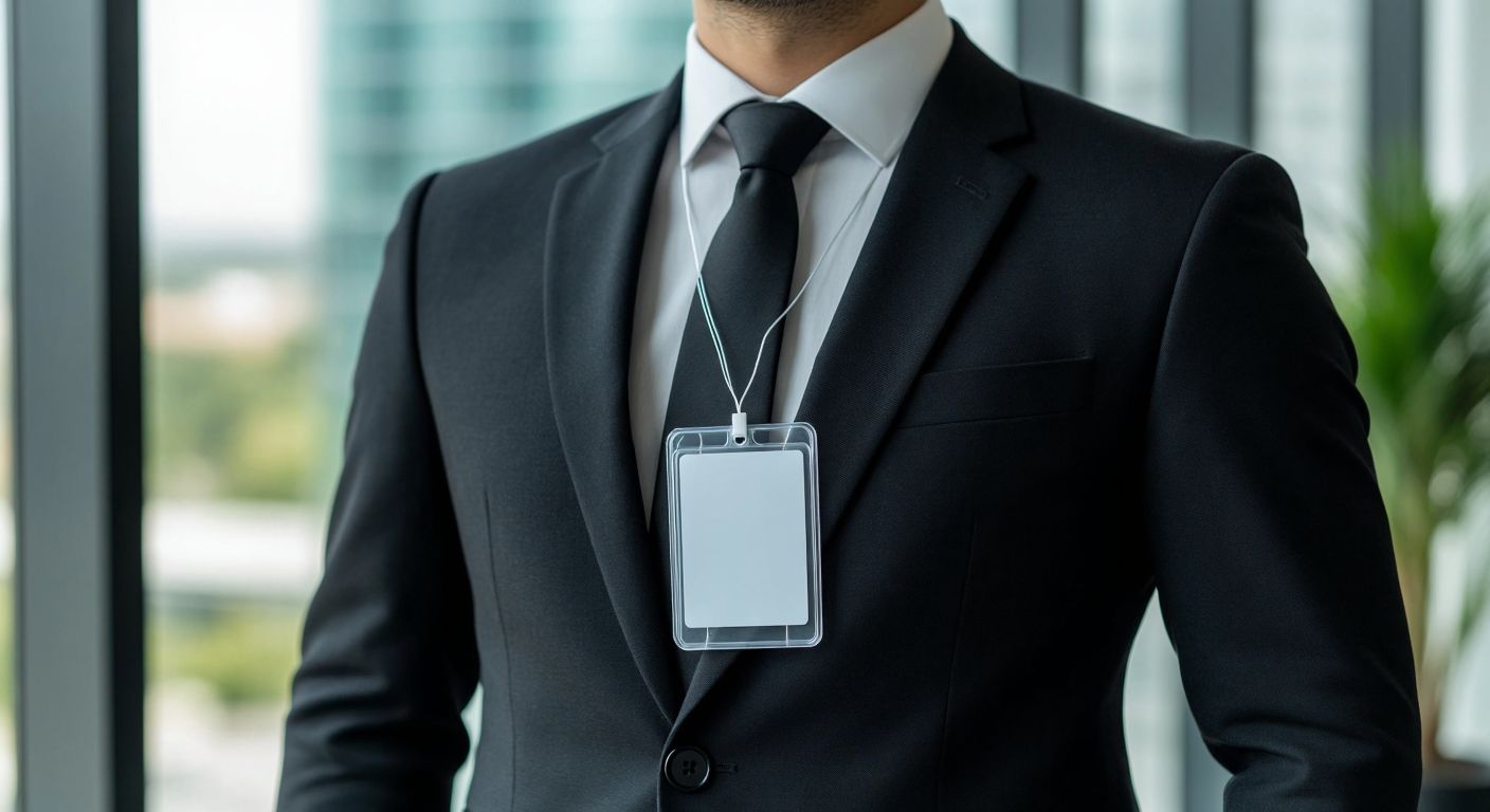 A professional Turkish businessperson wearing a crisp suit with a transparent PVC plastic badge holder clipped to their lapel, containing a neatly inserted name tag.