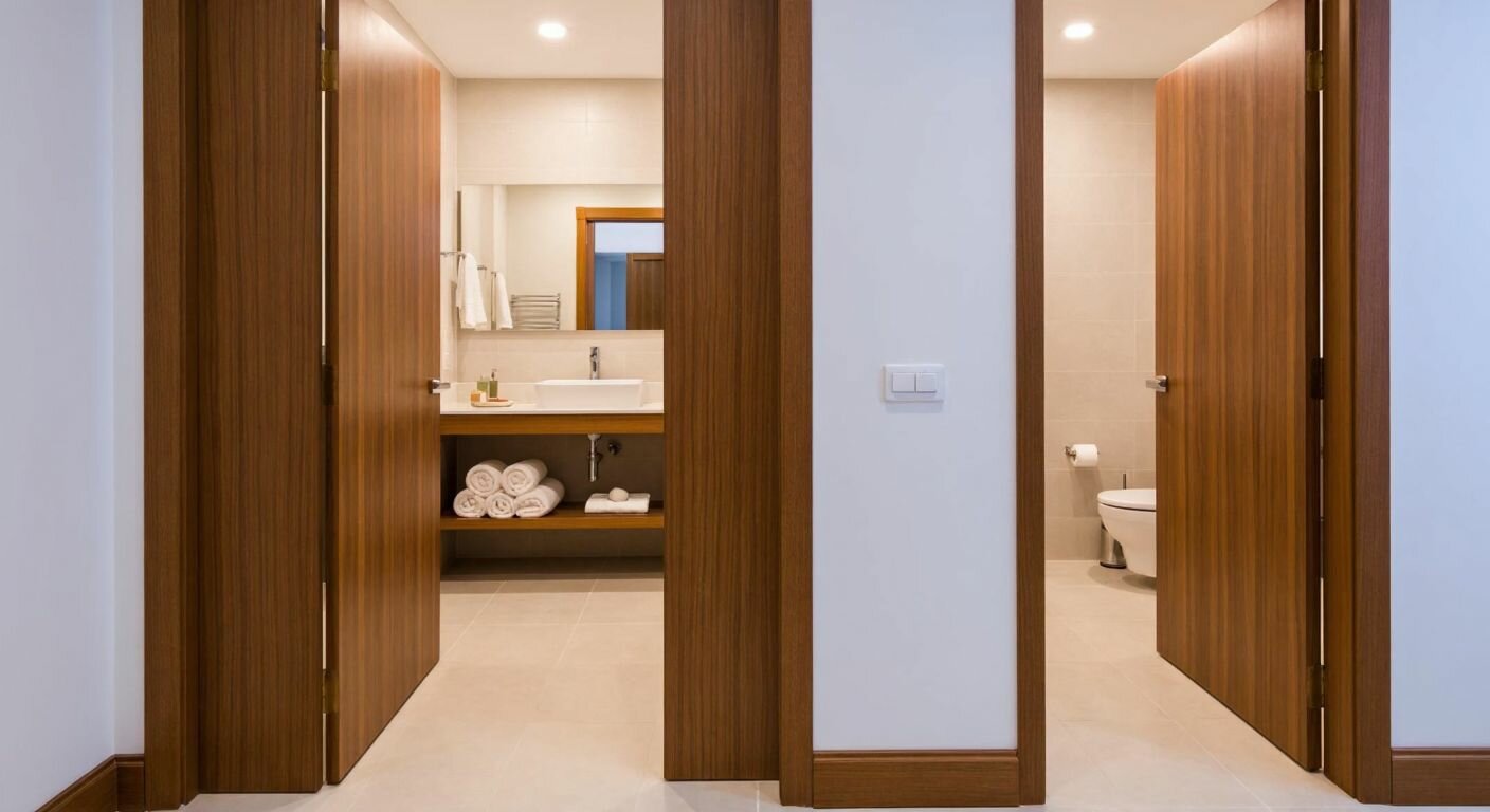 A modern Turkish bathroom with a wooden door half-open inward, revealing a neatly arranged space with a sink and fluffy towels, while another door swings outward into a narrow hallway, illustrating the contrast in door directions.