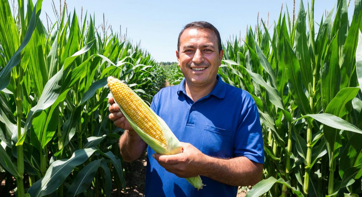A Turkish farmer in a sunlit cornfield, smiling proudly while holding a large, healthy ear of corn, with rows of tall, green cornstalks stretching into the distance under a bright blue sky.