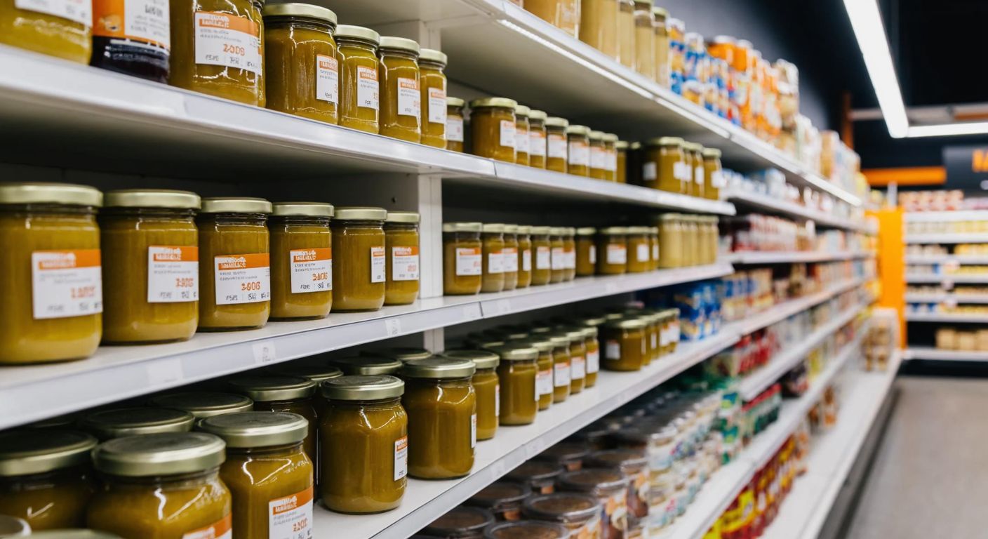 A brightly lit Migros supermarket aisle with neatly stacked glass jars of various sizes, including a set of three jars (small, medium, large) and a golden-hued tahini jar, all displayed on a clean white shelf.