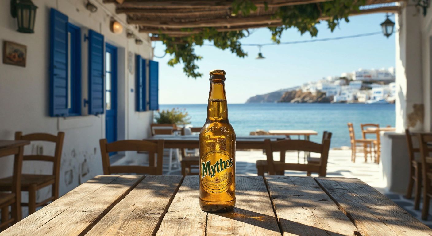 A golden Mythos beer bottle stands on a sunlit wooden table overlooking a Greek seaside taverna with whitewashed walls and blue shutters.