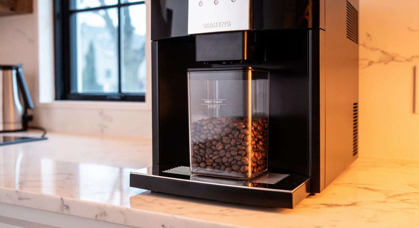 A sleek Siemens TP516 RX3 coffee machine sits on a marble countertop, its transparent bean hopper filled with rich, dark coffee beans, reflecting warm light from a nearby window.