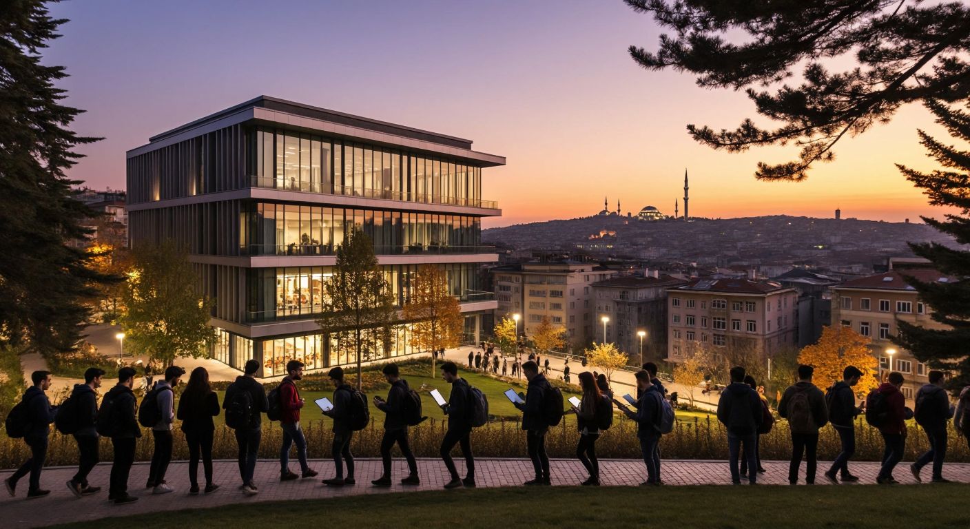 A modern university building in Istanbul with students carrying laptops, surrounded by trees and the silhouette of the city skyline in the background.